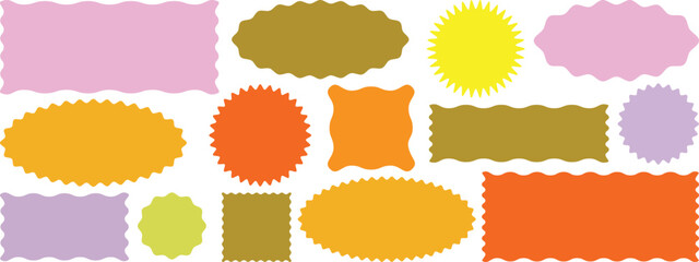 Zig zag Wavy Edge Rectangle, Oval, Circle Stickers Set. Vector Jagged Geometric Shapes. Colorful zigzag shapes. Abstract Elements for Frame, Stamp, Template, Promo Design. Wavy edge frames, stickers