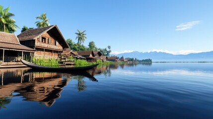 Obraz premium Tranquil Lake Village in Southeast Asia
