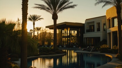 Fototapeta premium Sunset Serenity at a Luxurious Desert Resort Pool