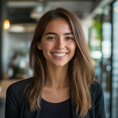 Obraz premium Corporate portrait of smiling woman in professional office workspace