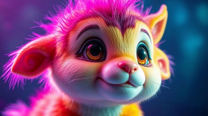 An adorable, cute creature rendered in electric vivid colors with chromatic noise, showcasing charming features.