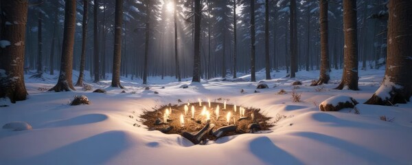 Candlelight casting shadows on a snowy forest floor, natural beauty, warm glow, shadowy ambiance
