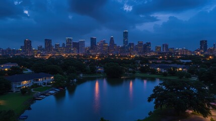 Naklejka premium Austin Texas Skyline at Twilight Over Lake