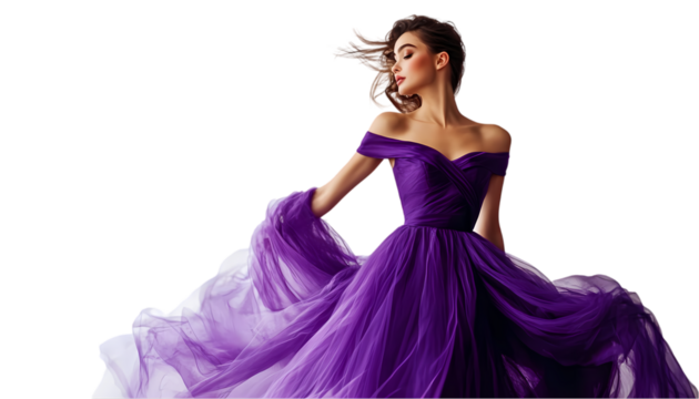 Elegant Woman in Purple Flowing Gown Fashion Model Studio Portrait art long girl pose hair chic dark