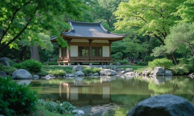 Naklejka premium Wooden pavilion by pond in lush green park