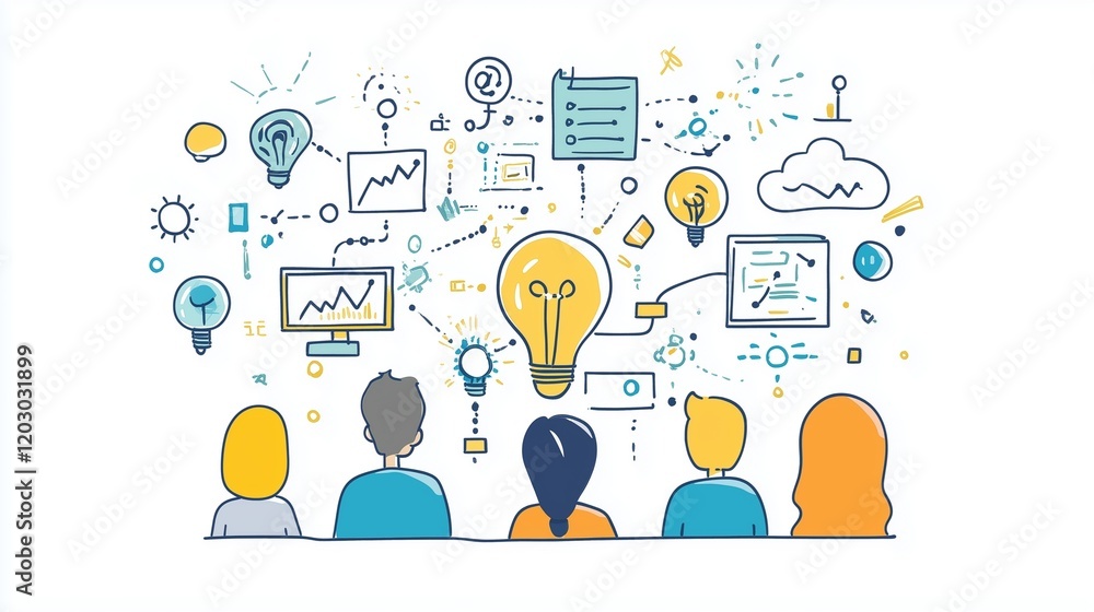 Poster innovative startup team collaborating with digital mind maps: technology at the core of planning
