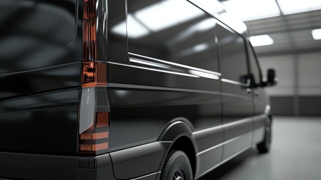 Black van parked warehouse, rear view, delivery