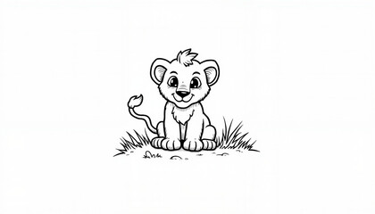 Fototapeta premium Cute lion cub illustration sitting in grass, children’s coloring fun