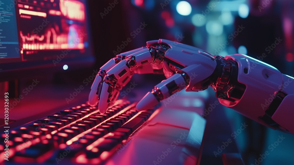 Aufkleber generative ai concept: robot hand typing, replacing human roles in interacting with others