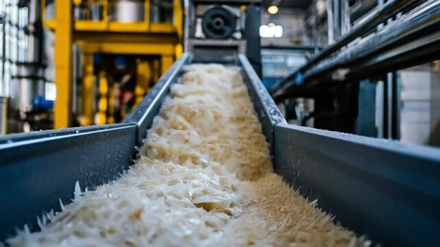 A The conveyor belt is full of white plants.