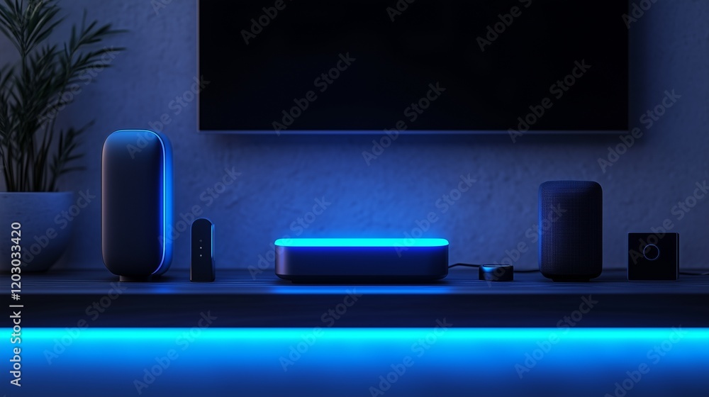 Poster advanced smart home technology: minimalistic devices illuminated by ambient lighting in a futuristic