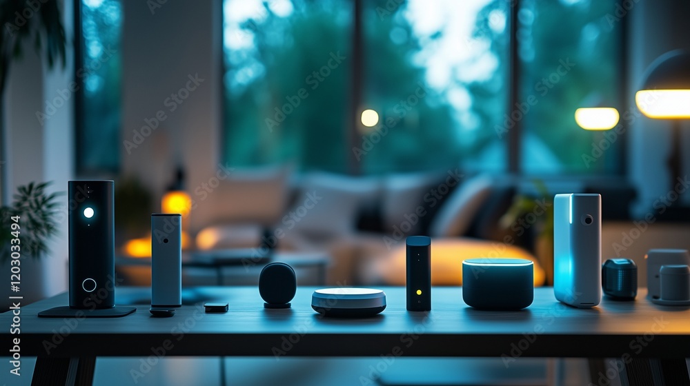 Aufkleber advanced smart home tech: sleek devices and soft lighting in a dark, modern setting