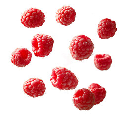 Raspberries falling isolated on transparent background