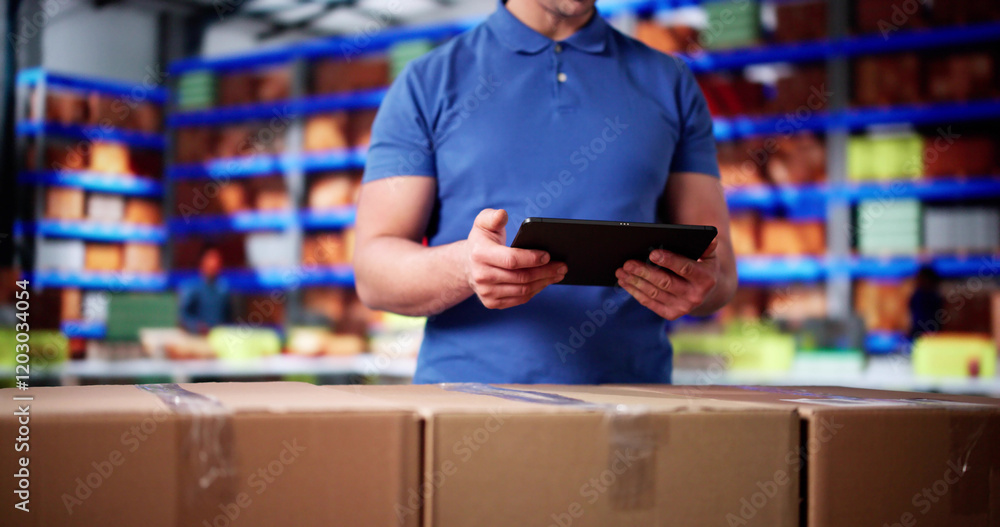 Poster delivery man worker using tablet