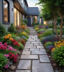 Obraz premium Beautifully maintained garden pathway leading to a modern house, house, foliage