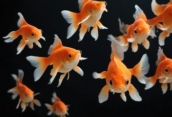 Fototapeta premium Beautifully lit Ryukin Goldfish on black background, fish with shiny scales, water pet, aquatic scene