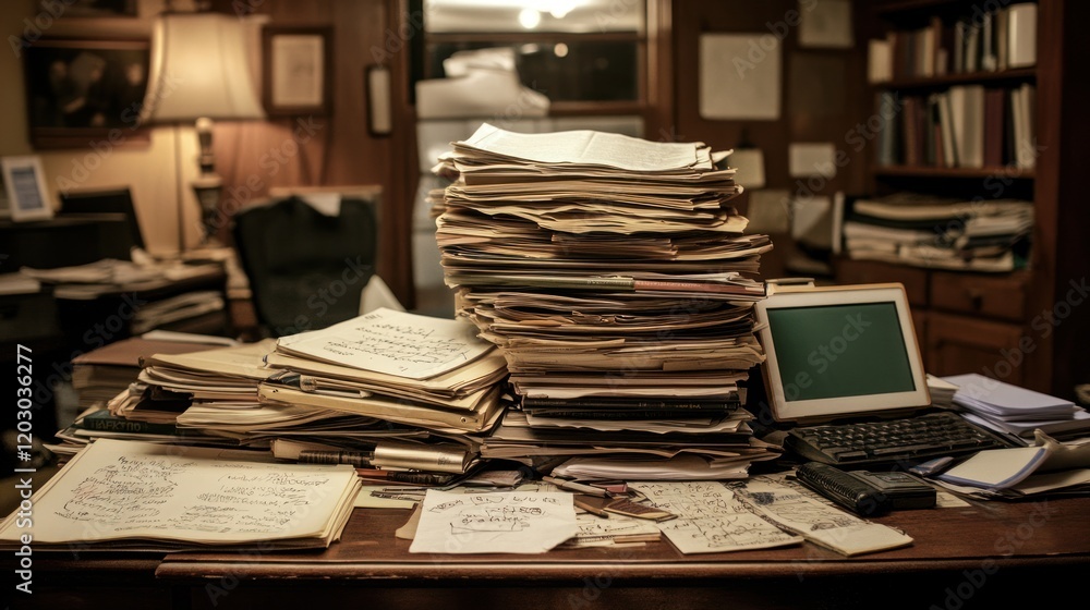Poster a cluttered desk shows a massive stack of papers and documents