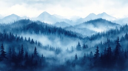 Obraz premium Serene misty mountainscape with dense evergreen forests and fog rolling through the valleys