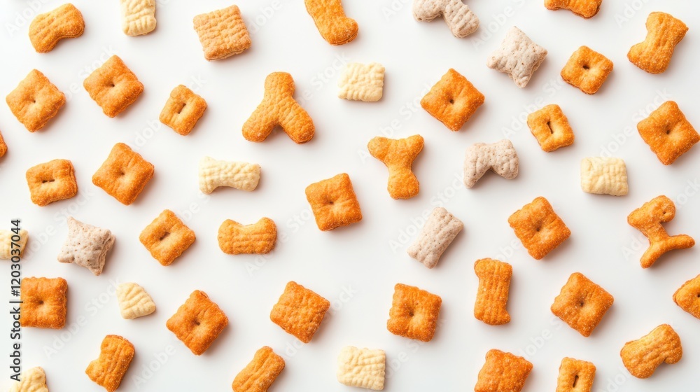 Poster assorted colorful snack crackers scattered on a white background, showcasing various shapes and text