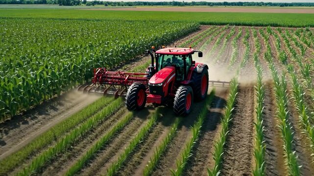 A red tractor is driving through a field of corn
