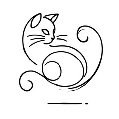 A minimalist cat line sketch on a white background, featuring a curled tail and pointed ears.