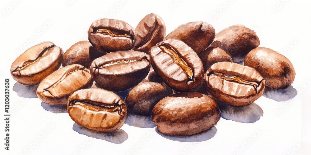 Poster brown roasted coffee beans, depicted in a photorealistic style using watercolor techniques, create a