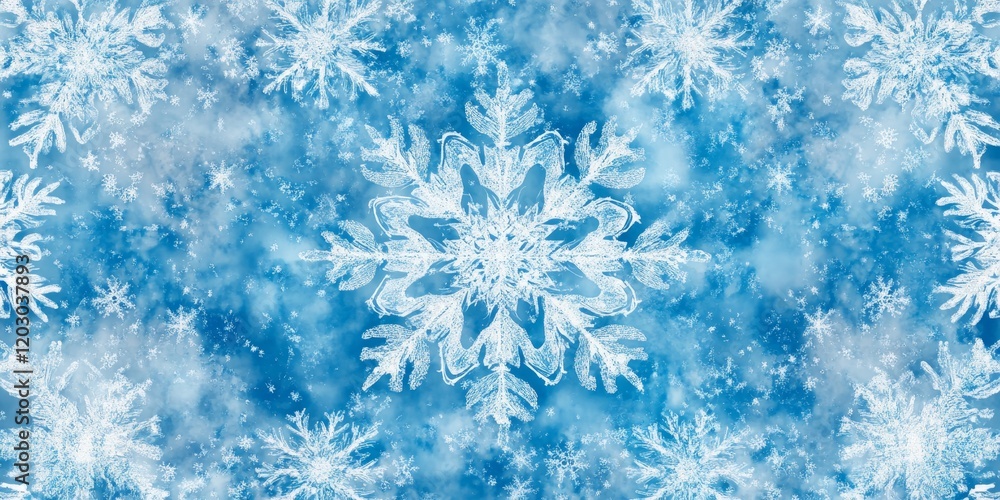 Aufkleber winter snowflake design featuring a frosty blue and white snow scene, ideal for creating repeatable 