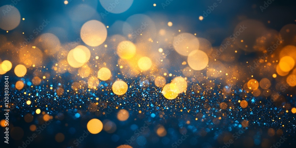 Poster A background featuring blue and gold bokeh, characterized by a blurred effect created by shimmering light, provides a stunning visual experience of color and illumination.