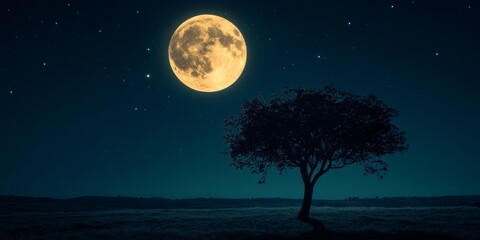Fototapeta premium Silhouette of a tree against the glowing full moon, showcasing the enchanting beauty of nature with the full moon illuminating the night sky and creating a striking contrast with the tree silhouette.
