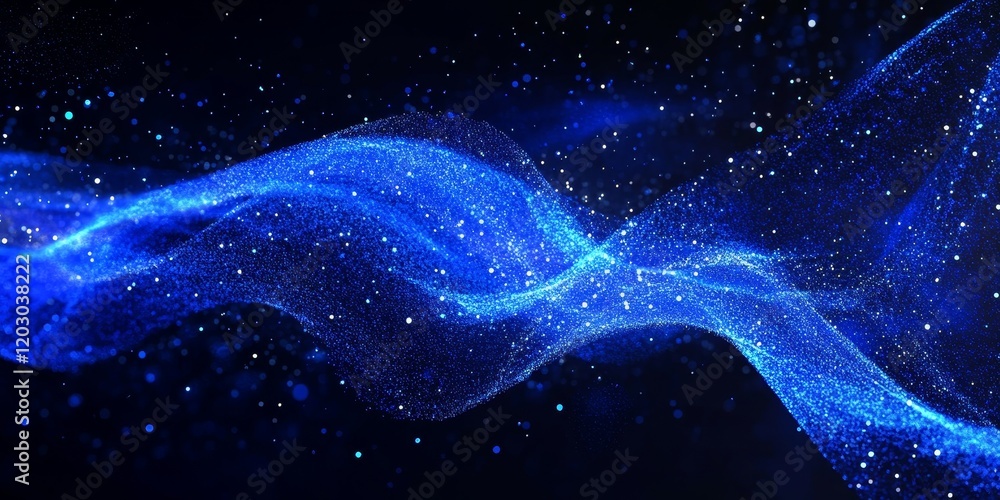 Poster Vibrant Blue Curve Featuring Lively Neon Particle Movement. Lets emphasize a dynamic visual experience with the blue curve and the energetic flow of neon particles.