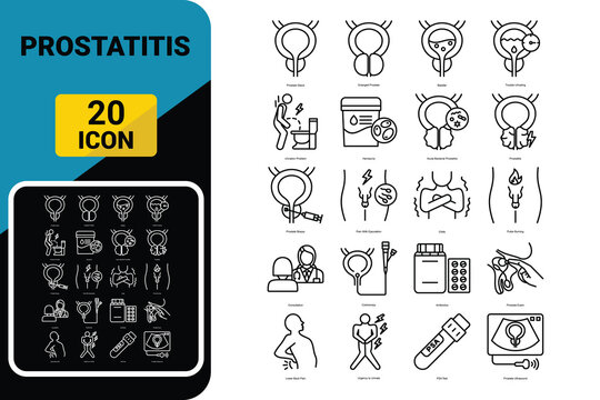 Prostatitis symptoms, diagnostic and treatment vector icon set.