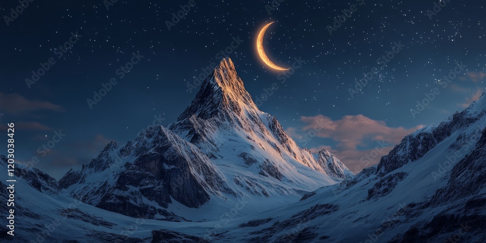 Aufkleber high contrast mountain landscape featuring a crescent moon illuminating the scene, creating a striki