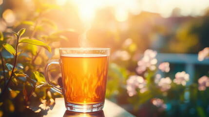 Morning coffee in glass cup with sunlight streaming through flowers