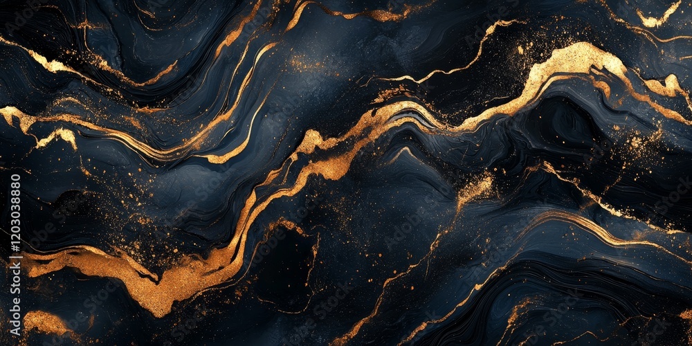 Poster banner featuring a striking design of abstract black and gold marble patterns, highlighting a sophis
