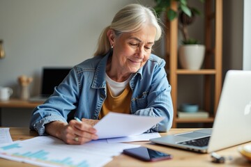 Senior Woman Working on Financial Documents with Laptop and Charts in Cozy Home Office, Focused on Data Analysis and Planning