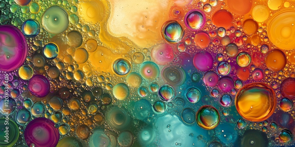 Poster vibrant abstract pattern featuring colored oil bubbles in water creates a mesmerizing visual. the oi