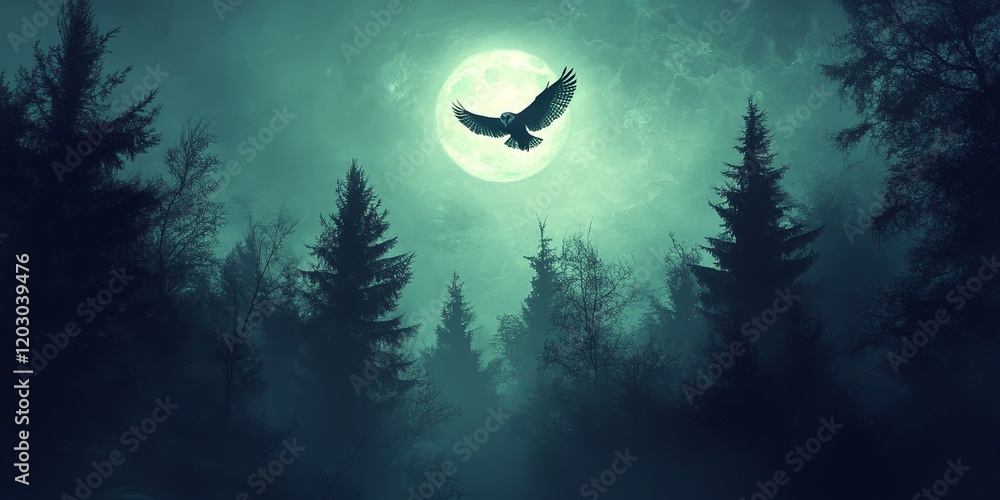 Poster enchanting moonlight illuminates a mystical spruce forest, where an owl soars gracefully, creating a