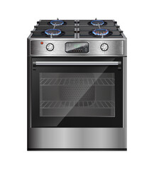 3d realistic vector icon illustration. Modern oven, multi function gas stove with blue fire burner, and closed oven. 