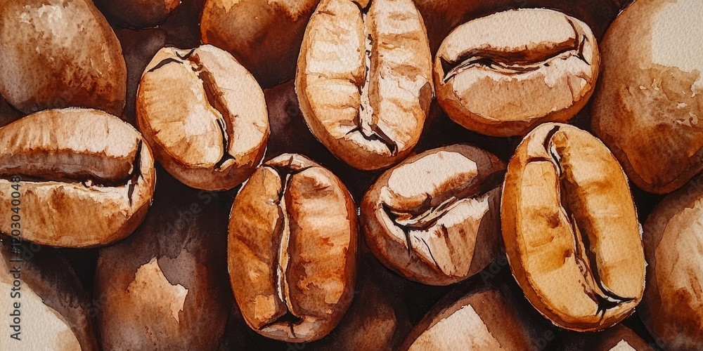 Poster brown roasted coffee beans, depicted in a photorealistic style using watercolor techniques, create a