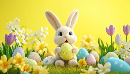 3d Happy Bunny Holding Easter Egg Colorful Eggs Yellow Background Copy Space Greeting Card