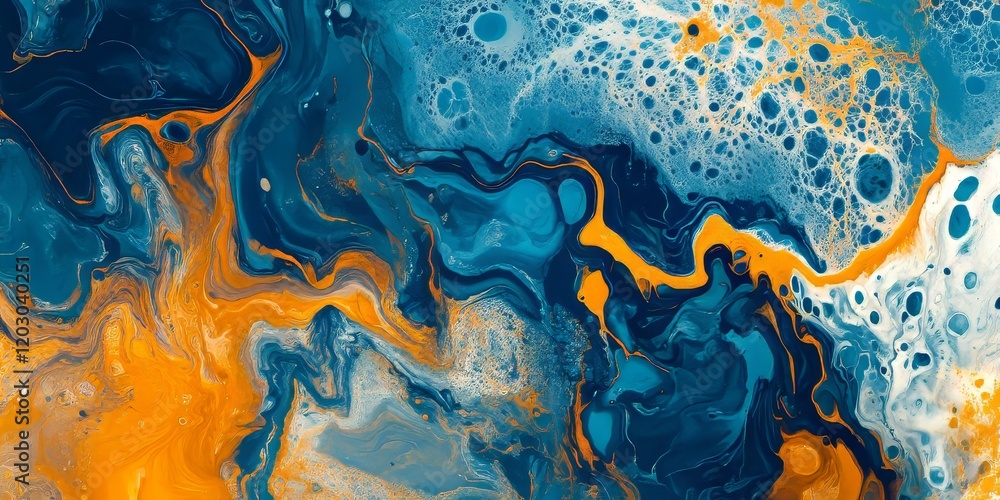 Leinwandbilder vibrant abstract marble art featuring a stunning blend of blue and orange paint, creating an eye cat