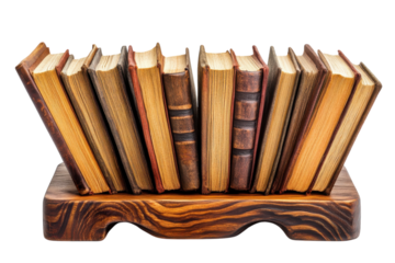 Vintage books arranged neatly on a wooden book stand in a cozy reading nook with warm lighting