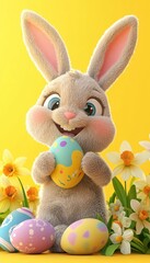 3d Happy Bunny Holding Easter Egg Colorful Eggs Yellow Background Copy Space Greeting Card