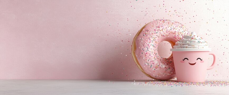 Pink Donut and Whipped Cream Cup on Glitter Background