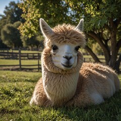 Obraz premium stock photography alpaca in a beautiful farm. White alpaca close up of face. A light brown colored alpaca looking off to the side of me showing his full face and neck