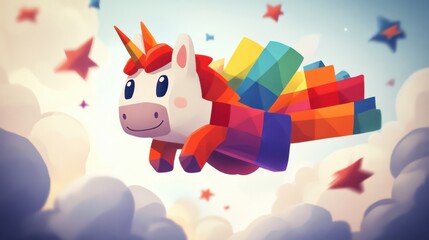 Naklejka premium Rainbow Unicorn Flying Through Clouds