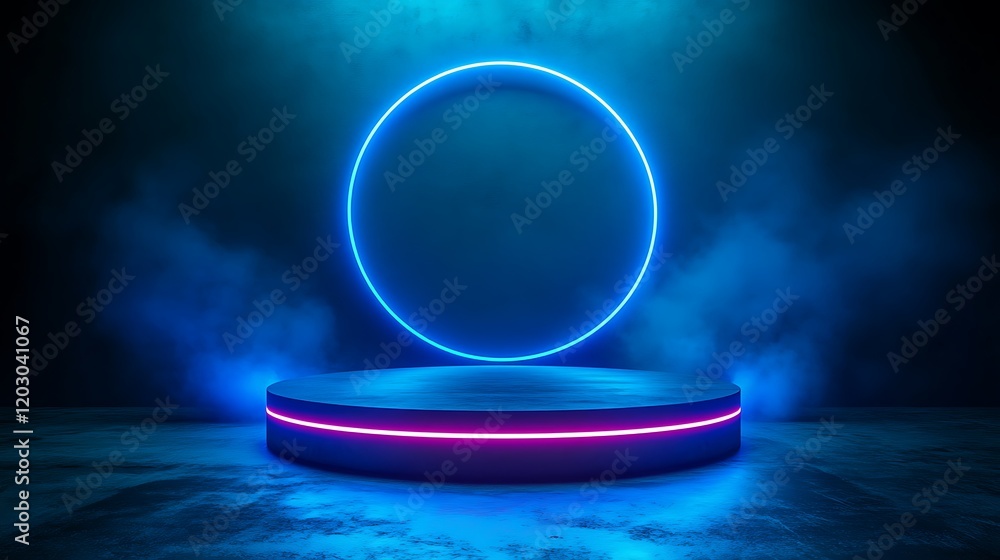 Poster 3d rendering of an empty podium in a sci-fi space scene with blue neon light,