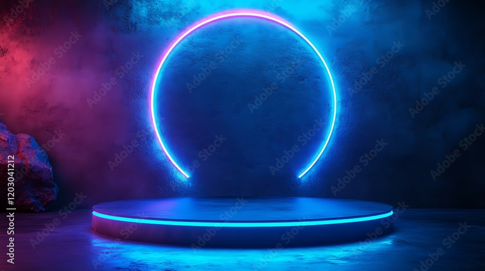 Poster 3d rendering of an empty podium in a sci-fi space scene with blue neon light,