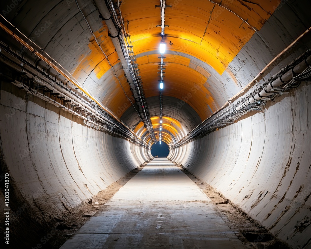 Poster a dimly lit tunnel with circular walls, illuminated by ceiling lights, featuring visible pipes and a