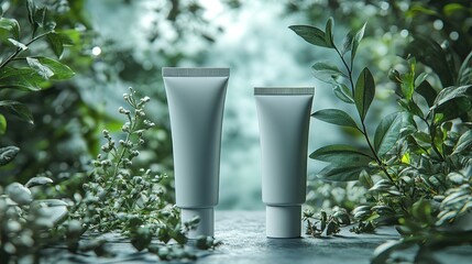 Two elegant, minimalistic cream tubes surrounded by lush greenery, evoking a natural skincare vibe